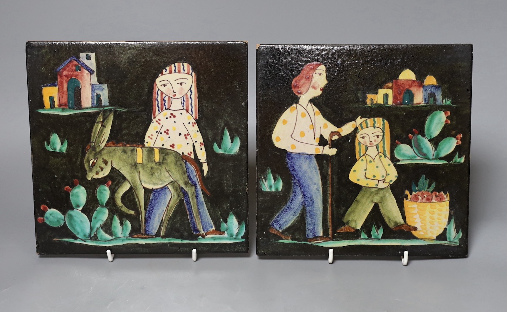 Two M. di Lieto, Italian Amalfi, 1950's figurative faience tiles, 20cm square
